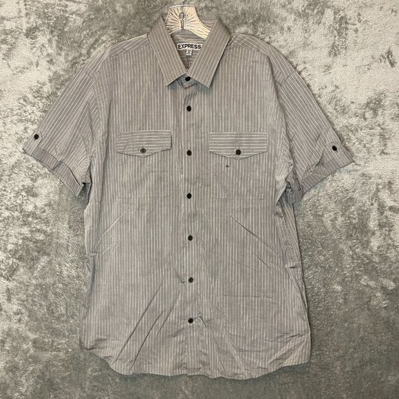 Express Men Pinstriped Fitted Classic Skater Button Up Lightweight Shirt XL NWT - Picture 1 of 14